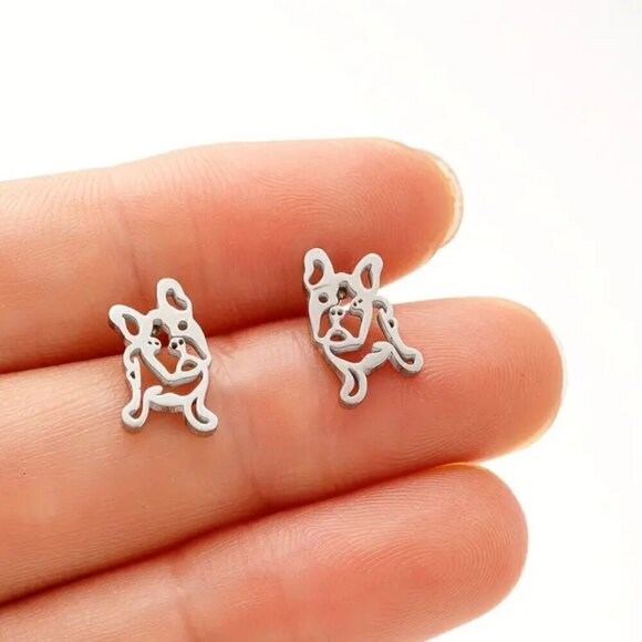 Frenchie Pup Face Tilted Head Stainless Steel Stud Earrings #1366 - Picture 4 of 10